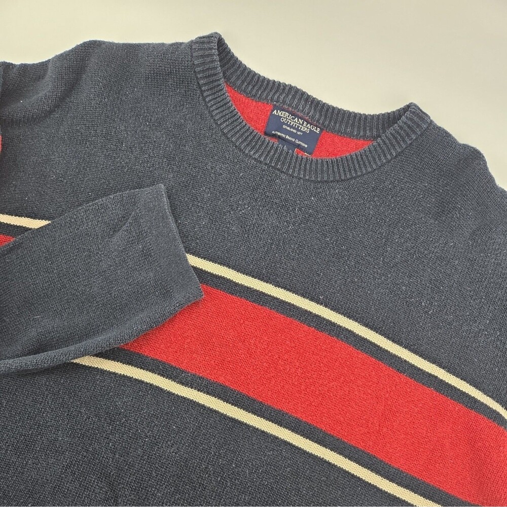 American Eagle Men Striped Sweater L Blue Old School Collegiate Preppy Varsity